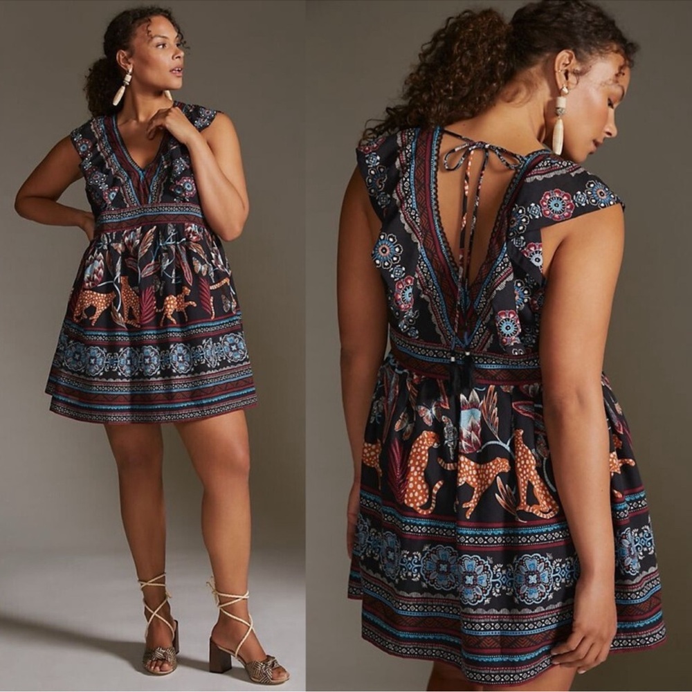 Anthropologie V-Neck Plunge Tunic Mini Dress-Black Motif XL